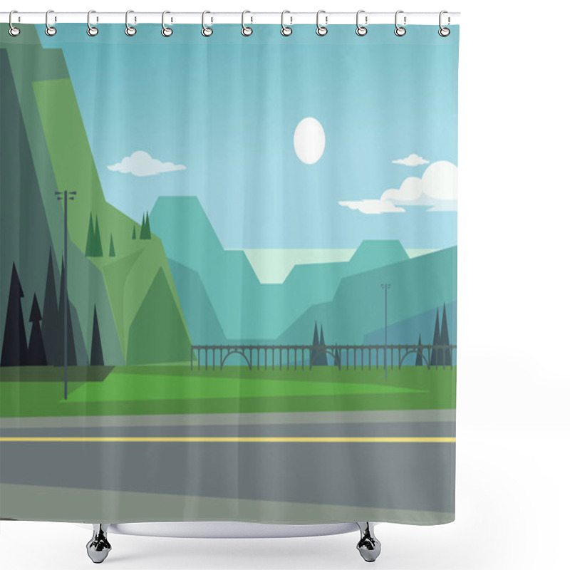 Personality  Green Landscape With Hills And Trees. Asphalt Among Nature. Vector Flat Cartoon Illustration Shower Curtains