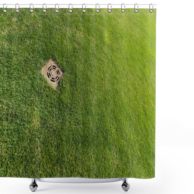 Personality  Metallic Manhole Cover On Green Fresh Grass  Shower Curtains