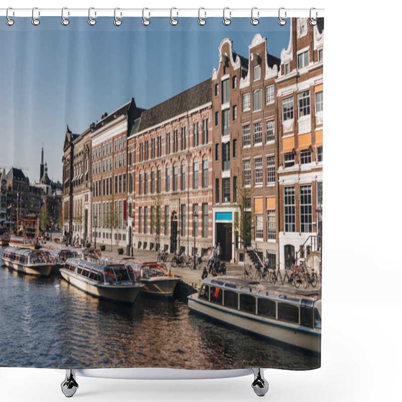 Personality  20 MAY 2018 - AMSTERDAM, NETHERLANDS: Beautiful Ships On Canal At Amsterdam, Netherlands Shower Curtains