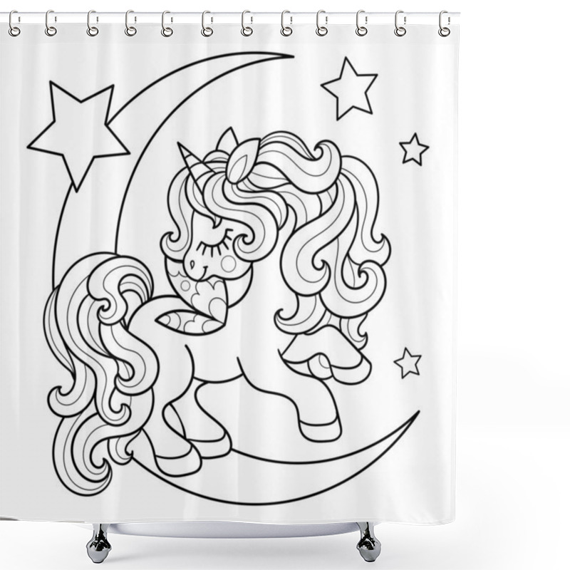 Personality  Cartoon Unicorn Is Jumping On The Moon With Stars. Black And White Line Drawing. For Children's Design Of Coloring Books, Prints, Posters, Stickers, Cards, Puzzles And So On. Vector Shower Curtains