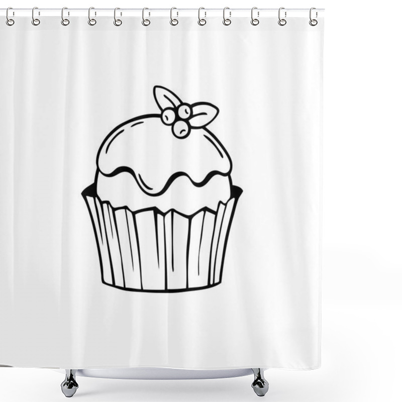 Personality  Cake With Frosting And Blueberries. Black And White Vector Illustration. Shower Curtains