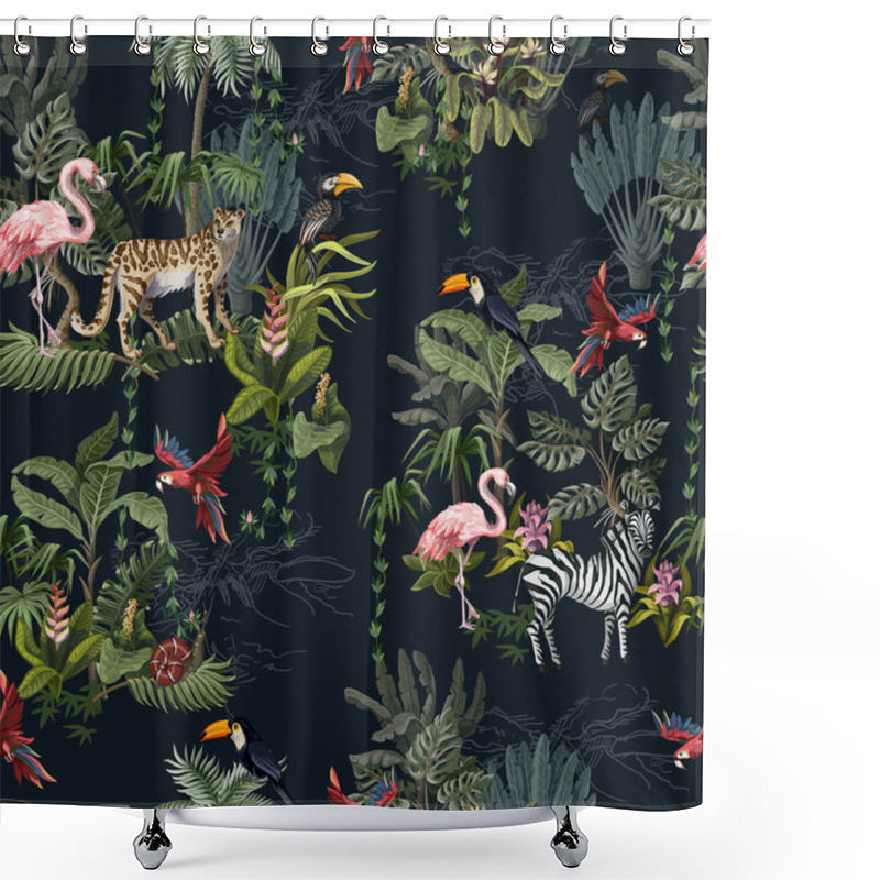 Personality  Seamless Pattern With Jungle Animals, Flowers And Trees. Vector. Shower Curtains