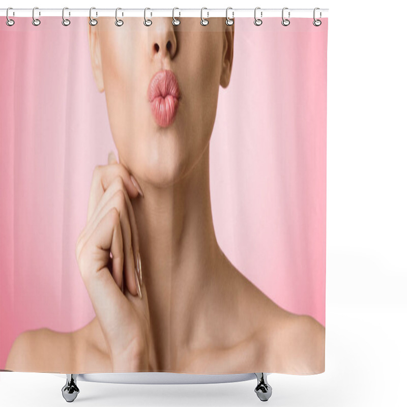 Personality  Air Kiss For You. Girl Pouting Lips Over Pink Background Shower Curtains