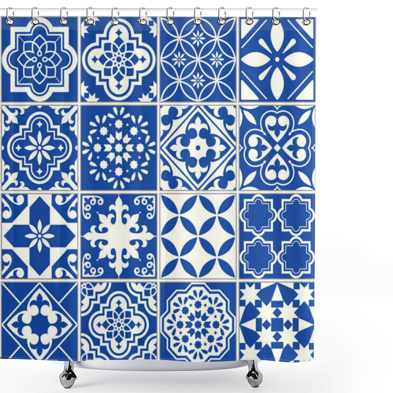 Personality  Spanish Or Portuguese Vector Tile Pattern, Lisbon Floral Mosaic, Mediterranean Seamless Navy Blue Ornament Shower Curtains