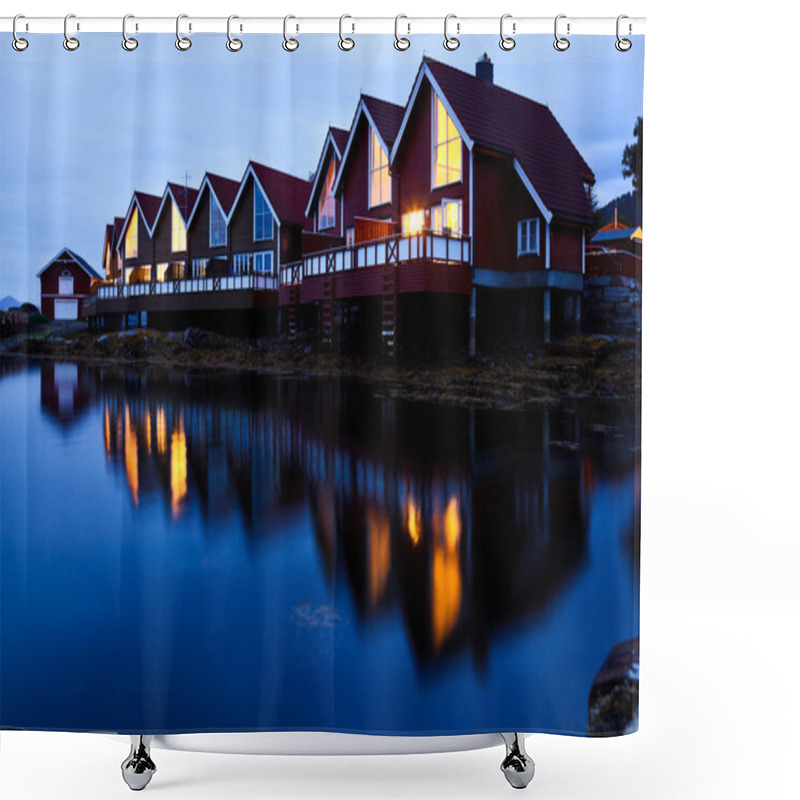 Personality  Camping Cabins On A Fjord At Night Shower Curtains