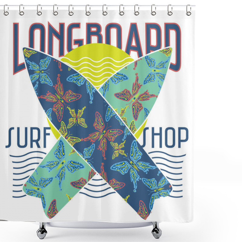 Personality  Surfboards With Tropical Design Retro Poster Shower Curtains