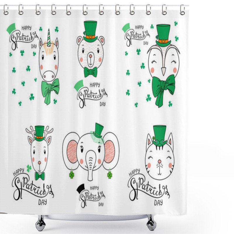 Personality  Set Of Hand Drawn Cute Funny Animals In Leprechaun Top Hats With Text Happy Saint Patricks Day, Vector, Illustration Shower Curtains