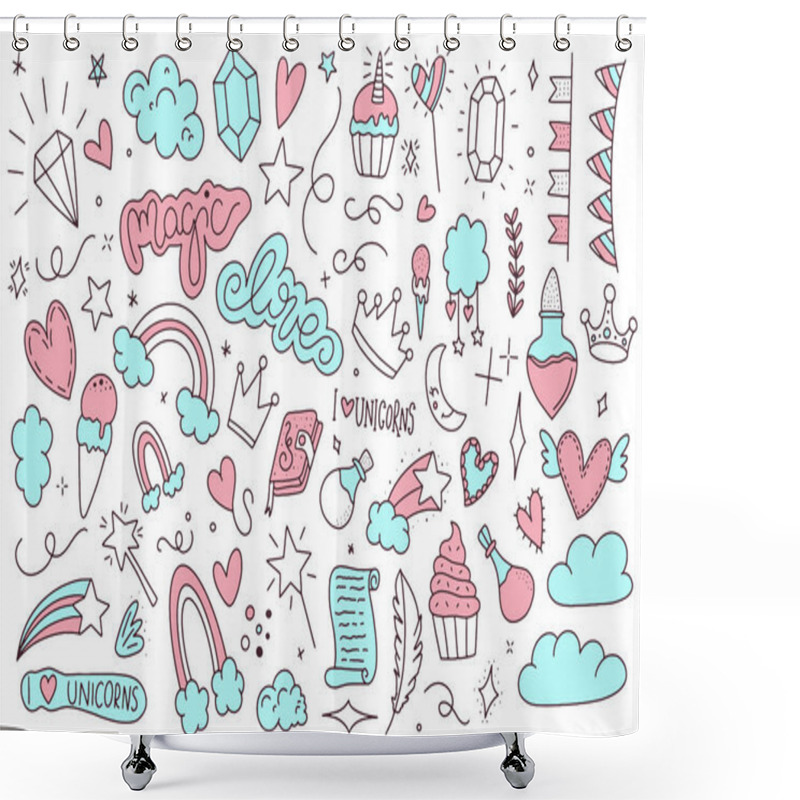 Personality  Unicorn And Magic Doodles. Cute Unicorn And Pony Collection With Magic Items. Hand Drawn Line Style. Vector Doodles Illustrations. Shower Curtains