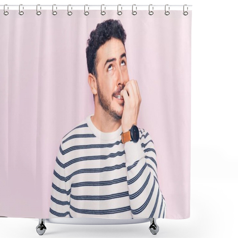 Personality  Young Hispanic Man Wearing Casual Clothes Looking Stressed And Nervous With Hands On Mouth Biting Nails. Anxiety Problem.  Shower Curtains