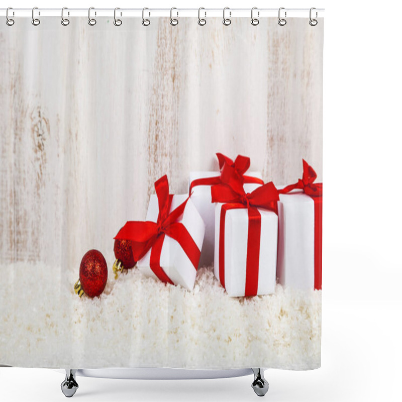 Personality  Gifts With Red Bows On Snow  Shower Curtains