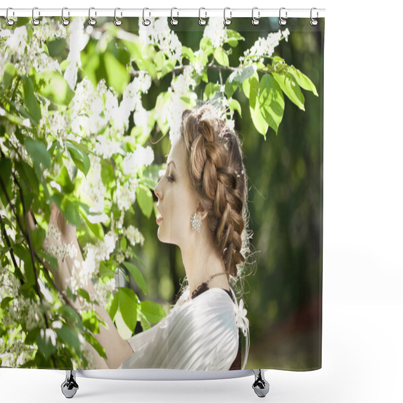 Personality  Woman With A Hair Braid In A Blossoming Park. Shower Curtains