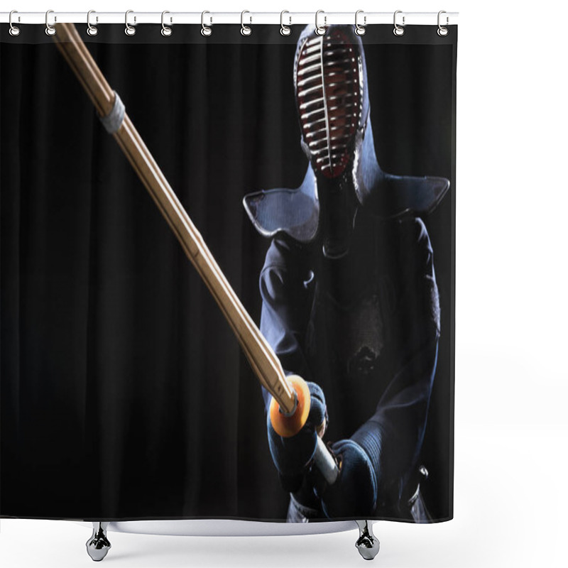 Personality  Kendo Fighter In Helmet Holding Bamboo Sword On Black Shower Curtains