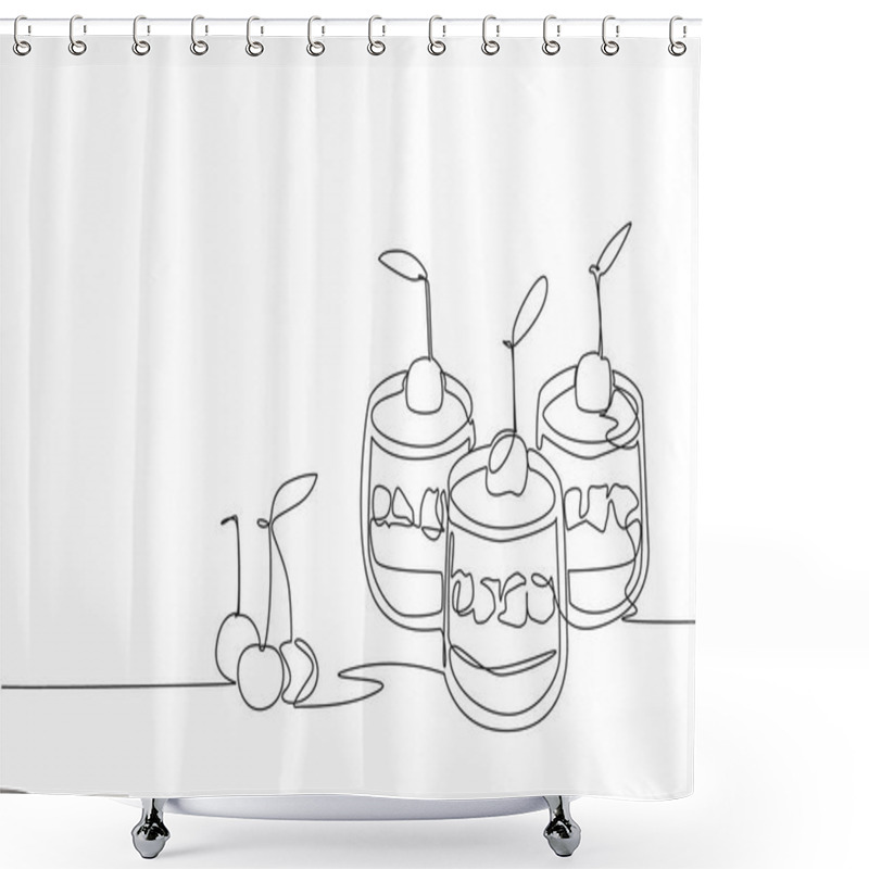 Personality  Single One Line Drawing 3 Cups Of Cherry Cheesecake. Ease Of Serving. Delicious Cake In Small Version. Delicious. Savory. National Cherry Cheesecake Day. Continuous Line Design Graphic Illustration Shower Curtains