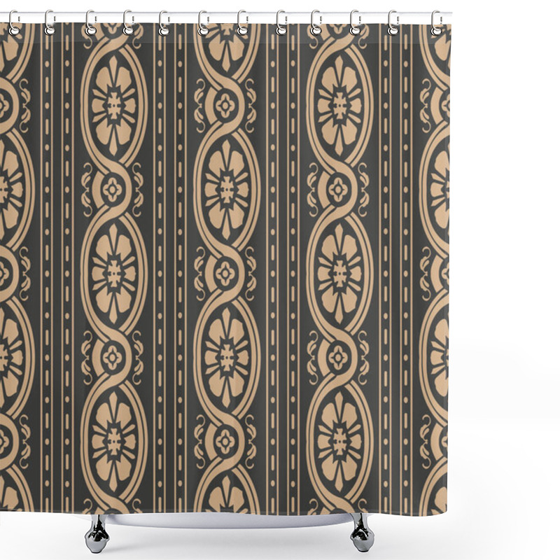 Personality  Vector Damask Seamless Retro Pattern Background Round Oval Curve Cross Botanic Garden Frame Vine Flower. Elegant Luxury Brown Tone Design For Wallpapers, Backdrops And Page Fill. Shower Curtains