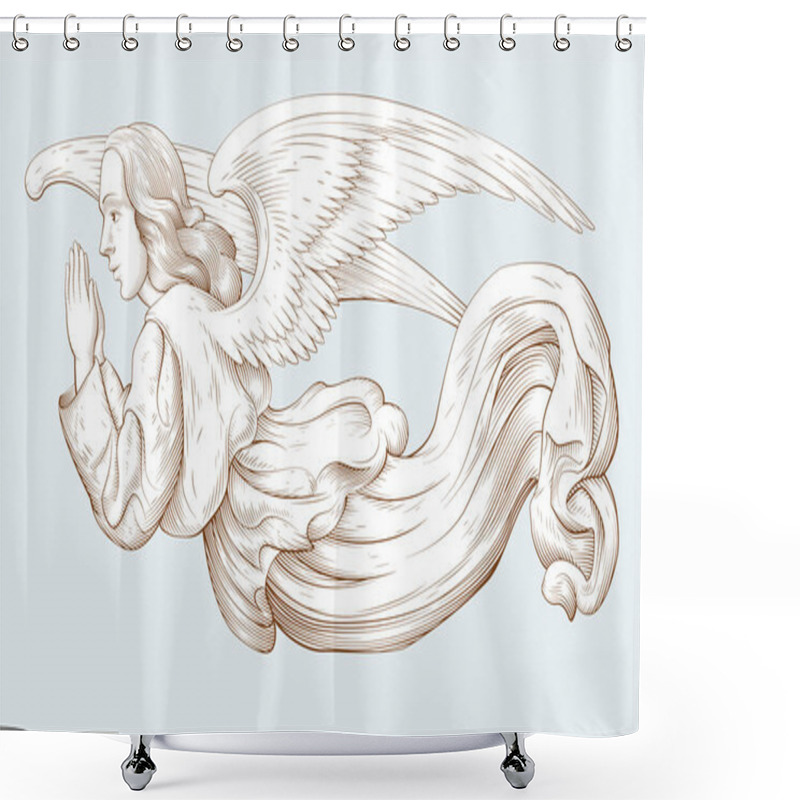 Personality  Praying Flying Angel. Religious Symbol Of Christianity. Biblical Illustrations In Old Engraving Style. Decor For Religious Holidays. Hand Drawn Vector Illustration. Shower Curtains