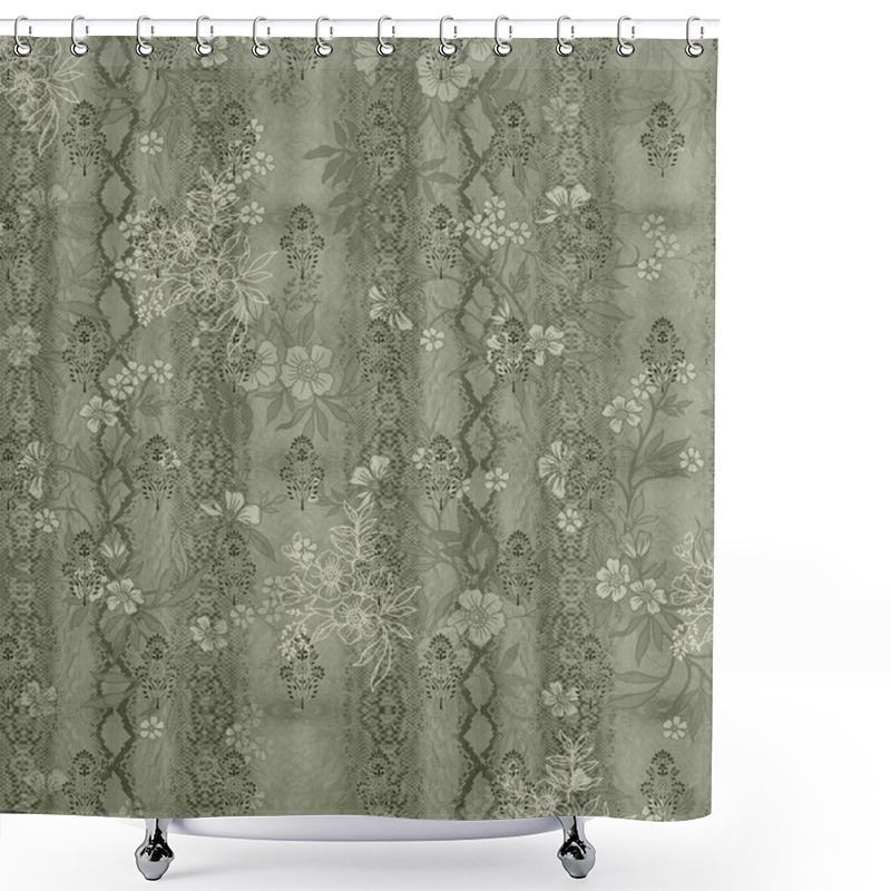 Personality  It's A Unique Digital Traditional Geometric Ethnic Border, Floral Leaves Baroque Pattern And Mughal Art Elements, Abstract Texture Motif, And Vintage Ornament Artwork Combination For Textile Printing. Shower Curtains