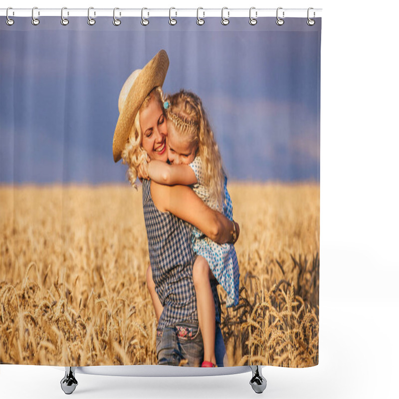 Personality  Beautiful Young Mother And Her Daughter Having Fun At The Wheat Field Shower Curtains