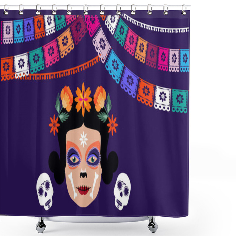 Personality  Day Of The Dead,  Dia De Los Muertos  Mexican Halloween Tradition Festival Web-banner, Poster With Calavea La Catrina, Sugar  Skulls,  Garland Paper Cutting Flags, Maracas, Guitar, Sombrero And  Marigold Flowers Vector Shower Curtains