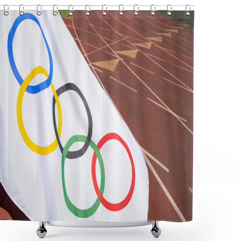 Personality  Olympic Flag Waving At Running Track Shower Curtains