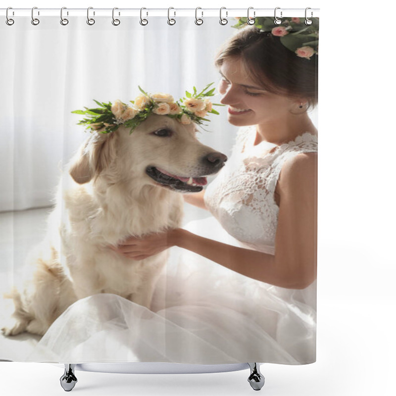 Personality  Bride And Adorable Golden Retriever Wearing Wreath Made Of Beautiful Flowers Indoors Shower Curtains