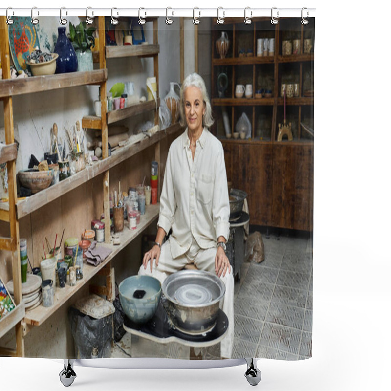 Personality  A Mature Woman Creates Unique Pottery Pieces In Her Artistic, Tool Filled Space. Shower Curtains