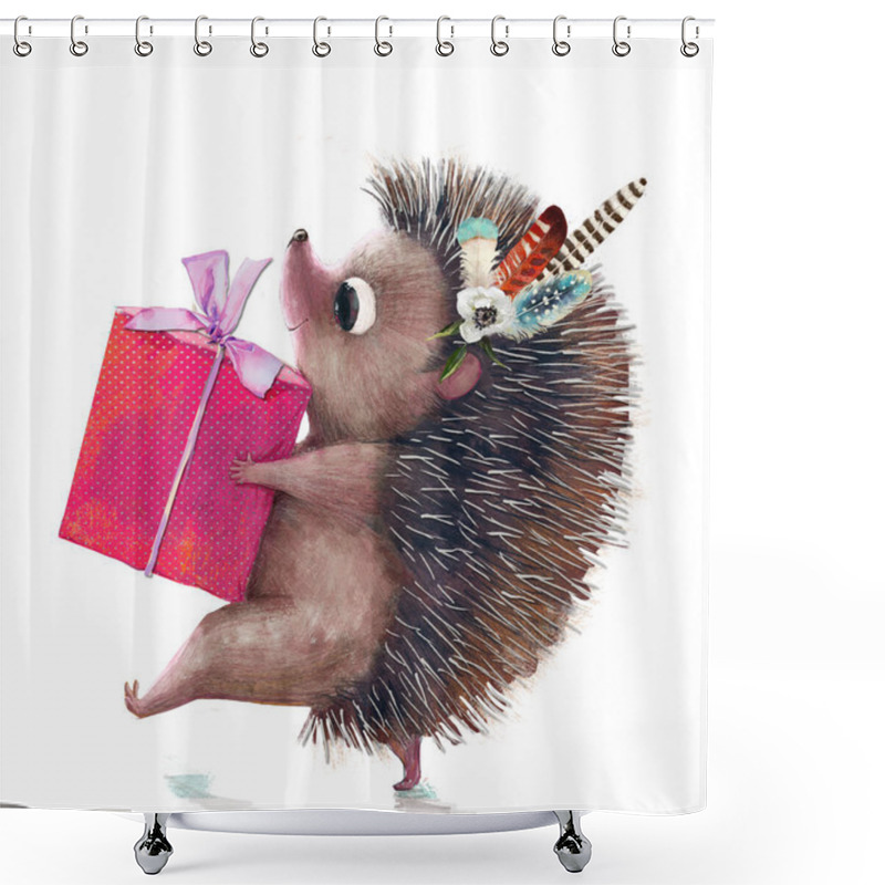 Personality  Cute Hedgehog With Present Birthday Box Shower Curtains