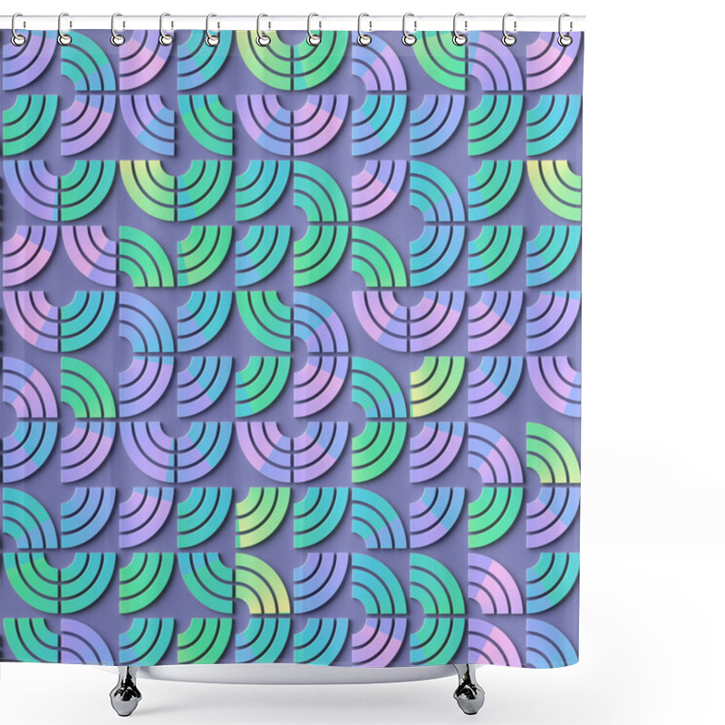 Personality  Pattern Of Interlocking Abstract Shapes Resembling Stylized Waves With Neon Gradient. Color Palette With Shades Of Purple, Blue, Green. 3d Rendering Digital Illustration Shower Curtains