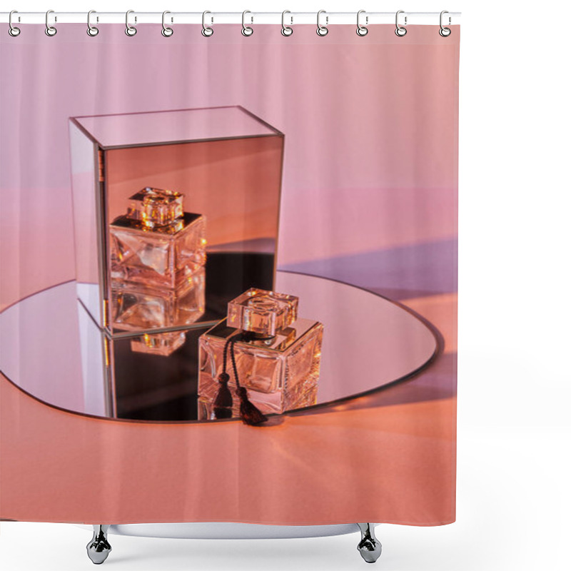 Personality  Perfume Bottle On Round Mirror With Cube On Pink Background Shower Curtains