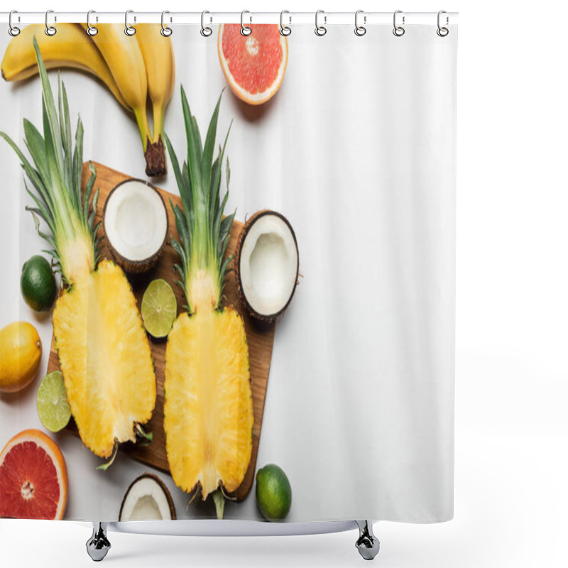 Personality  Top View Of Cut And Whole Exotic Fruits On Wooden Chopping Board On White Background Shower Curtains