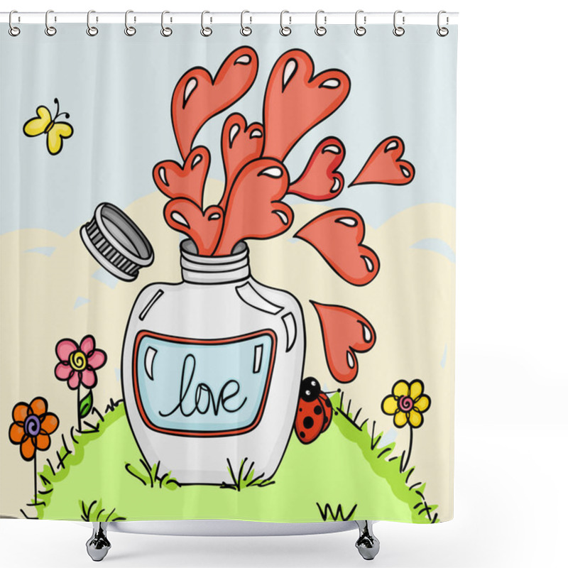 Personality  Love Potion Bottle In Green Grass Background Shower Curtains