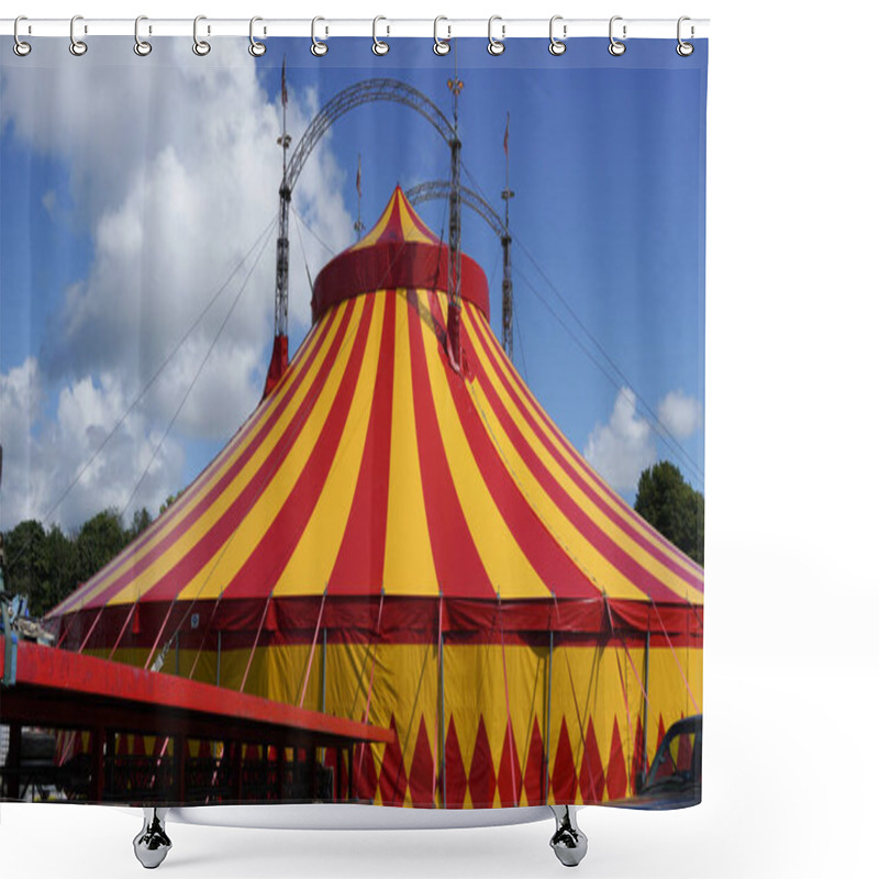 Personality  Bridgend, Wales - July 7 2024: A Large, Brightly Coloured Circus Big Top In Yellow And Red. The Guide Or Guy Ropes Increase The Structural Stability Of The Large Tent Due To The Tension Of The Wires.  Shower Curtains