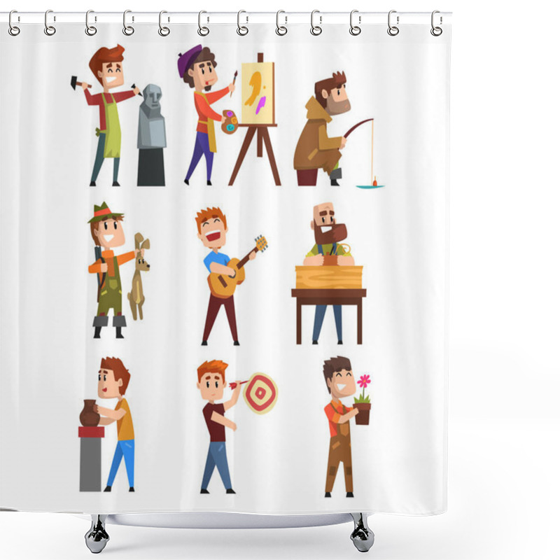 Personality  People Hobby Set. Cartoon Male Characters. Sculpturing, Painting, Fishing, Hunting, Playing Guitar, Gardening, Playing Darts. Flat Vector On White. Shower Curtains