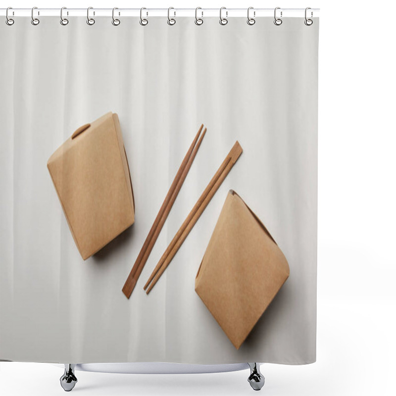 Personality  Flay Lay With Arranged Chopsticks And Noodle Boxes On White Surface, Minimalistic Concept  Shower Curtains