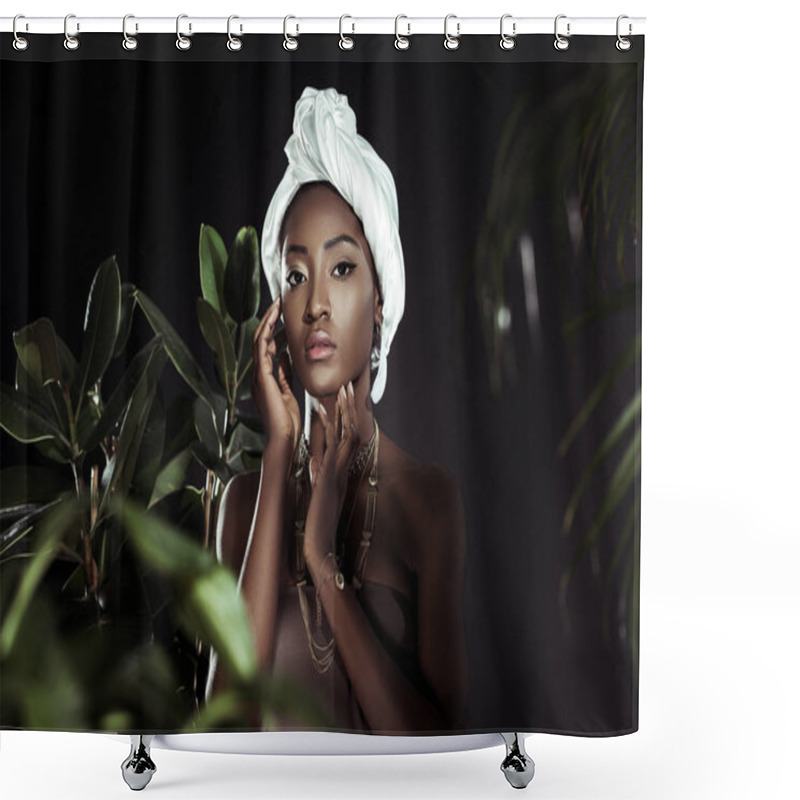 Personality  Young African American Woman In White Wire Head Wrap Behind Leaves Shower Curtains