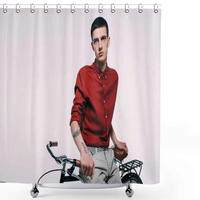 Personality  Handsome Guy Standing By Bicycle Isolated On White Shower Curtains