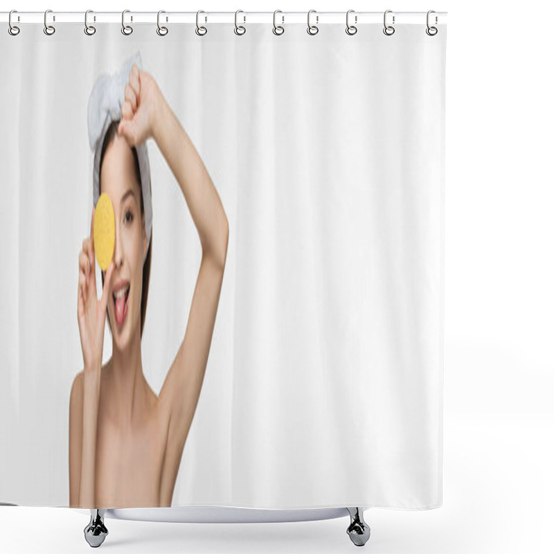 Personality  Panoramic Shot Of Cheerful Girl Holding Cosmetic Sponge And Sticking Tongue Out Isolated On White Shower Curtains