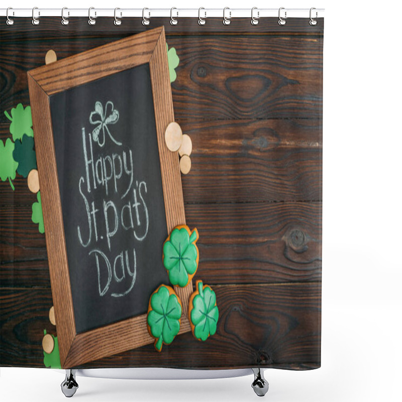 Personality  Close-up View Of Wooden Frame With Happy St Patricks Day Inscription And Golden Coins On Table Shower Curtains