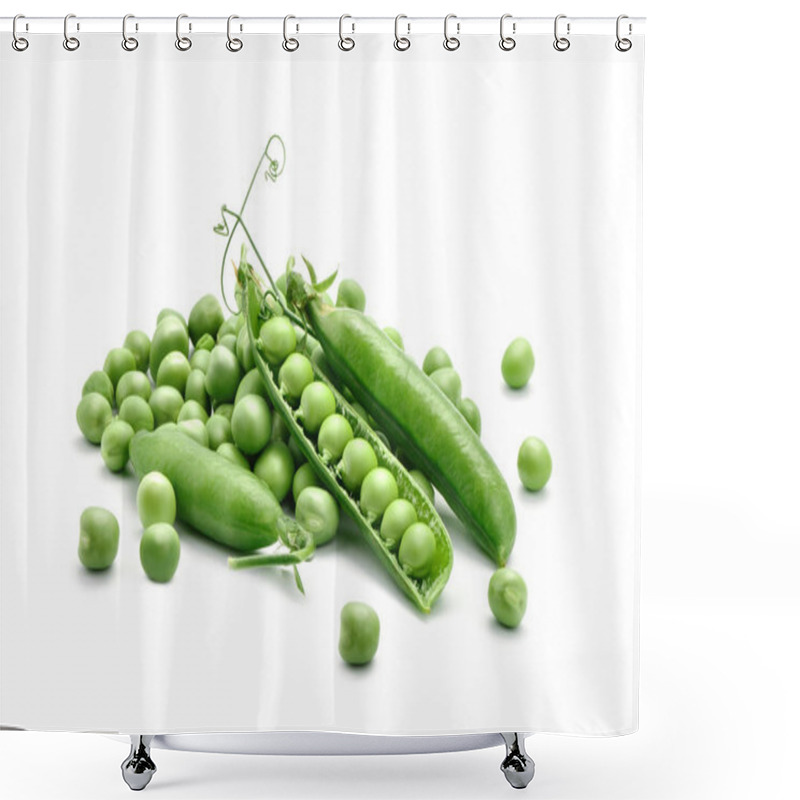 Personality  Ripe Green Peas On A White Background. An Isolated Object. Shower Curtains