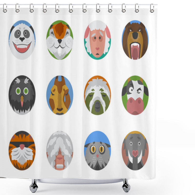 Personality  Cute Animals Emotions Icons Isolated Fun Set Face Happy Character Emoji Comic Adorable Pet And Expression Smile Collection Wild Avatar Vector Illustration. Shower Curtains