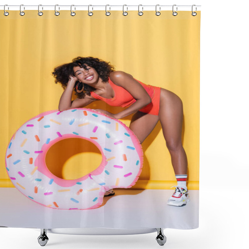 Personality  Cheerful African American Woman In Swimsuit Smiling Near Swim Ring On Yellow Background Shower Curtains