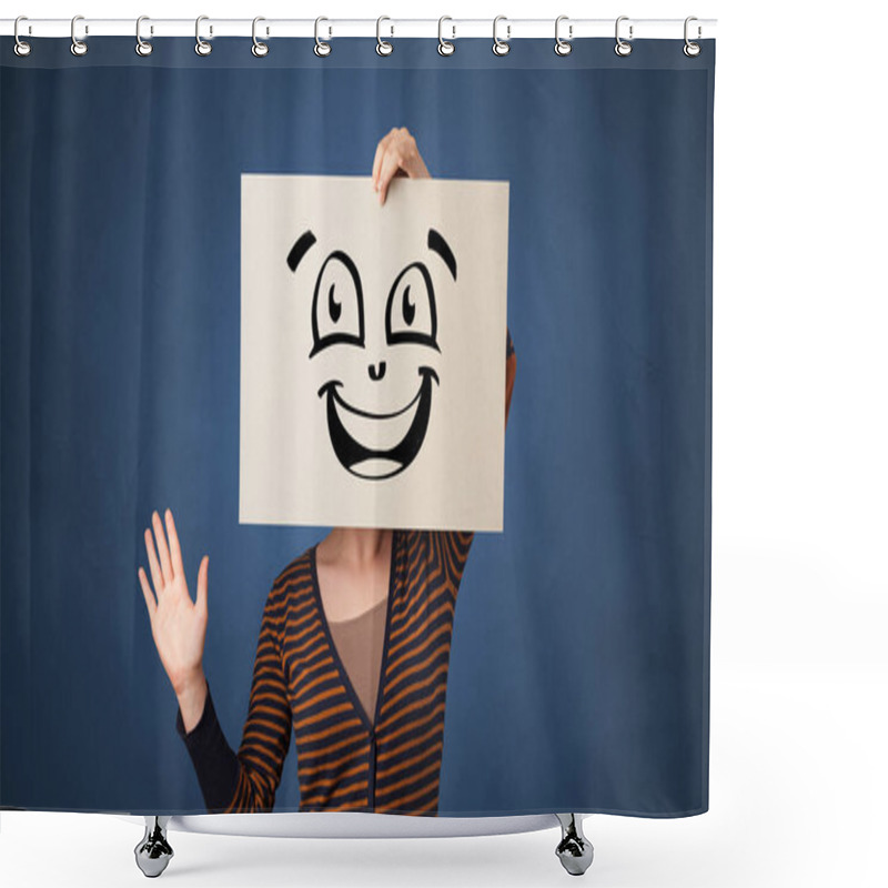 Personality  Person Holding A Paper In Front Of His Face With Doodle Emoticon Shower Curtains