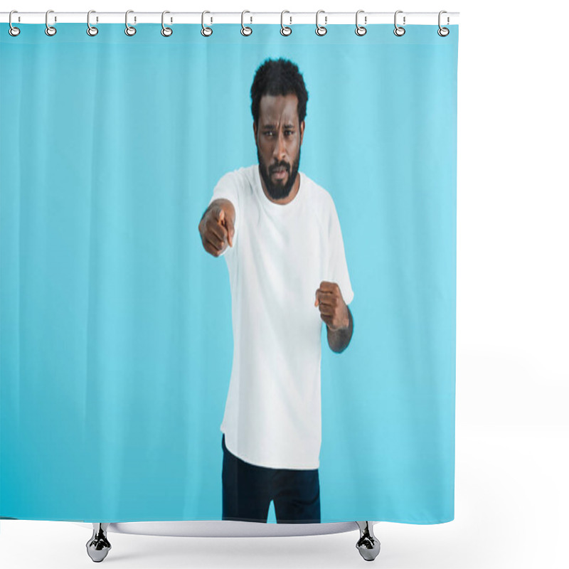 Personality  Aggressive African American Man In White T-shirt Pointing At You Isolated On Blue   Shower Curtains