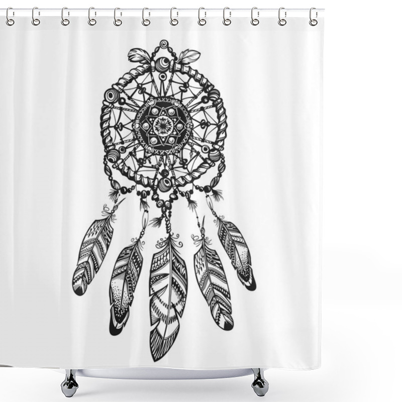 Personality  Indian Dream Catcher With Ethnic Ornaments. Vector Illustration Isolated On White Background Shower Curtains