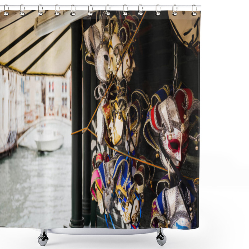 Personality  Selective Focus Of Carnival Masks And Motor Boat Floating On Background In Venice, Italy  Shower Curtains