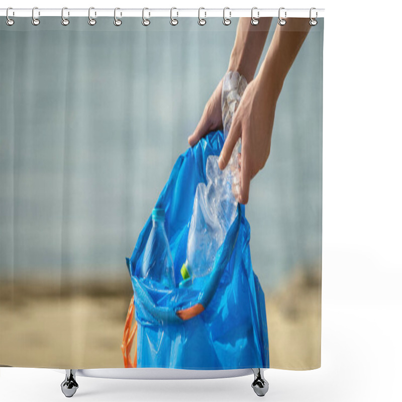 Personality  Hand Picking Up Plastic Bottles Into Blue Trash Bag. Cleaning On The Beach. Copy Space Shower Curtains