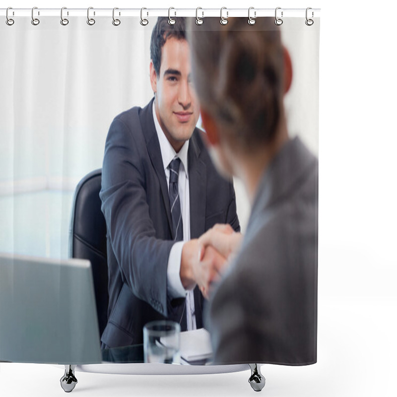 Personality  Manager Interviewing A Female Applicant Shower Curtains