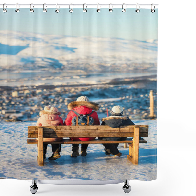 Personality  Back View Of Beautiful Family Of Mother And Kids Have A Pleasant Time On Snowy Winter Day Outdoors Enjoying Views Over Tromso Norway Shower Curtains