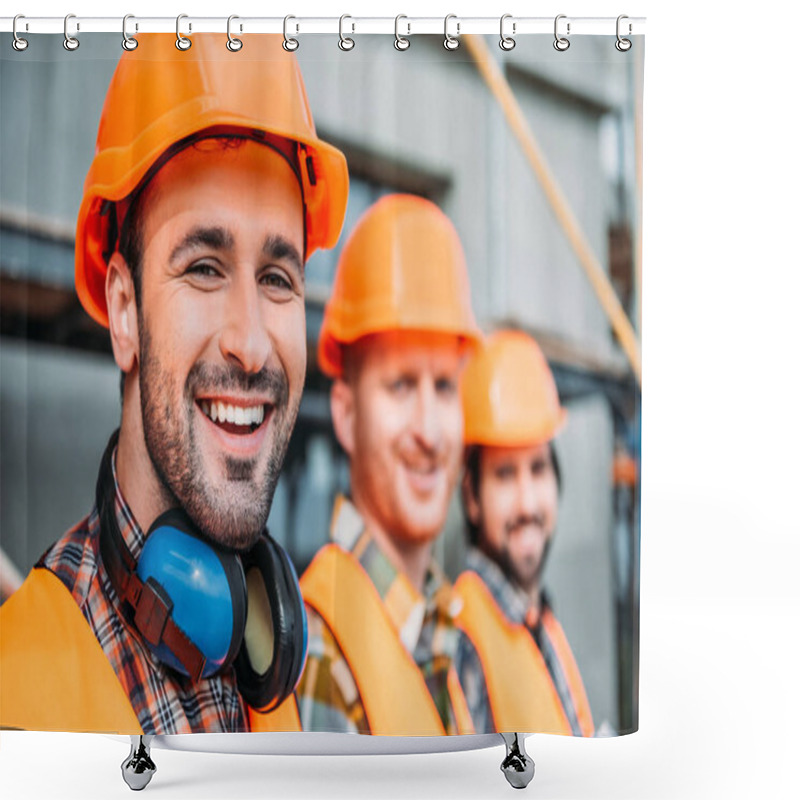 Personality  Close-up Shot Of Group Of Equipped Builders Looking At Camera At Construction Site Shower Curtains