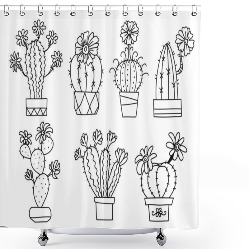 Personality  Cactuses. Hand Drawn Outline Cactus With Flowers. Vector Set Cacti, Aloe And Leaves Collection Of Exotic Plants Hand Drawn Illustration Isolated On White Shower Curtains