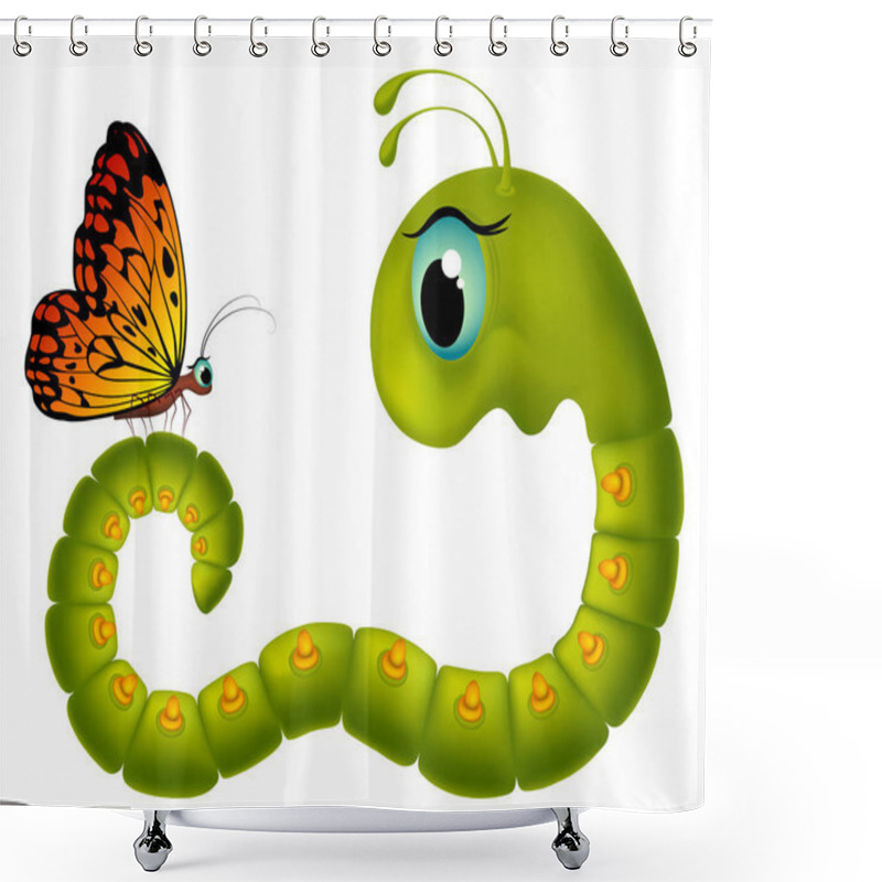 Personality  Cartoony Green Goggle-eyed Caterpillar Looking At A Butterfly On A White Background. Shower Curtains